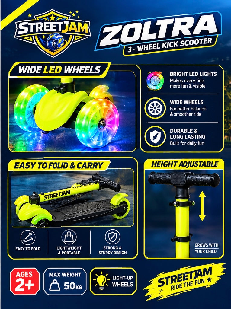 StreetJam Zoltra 3-Wheel LED Kids Scooter