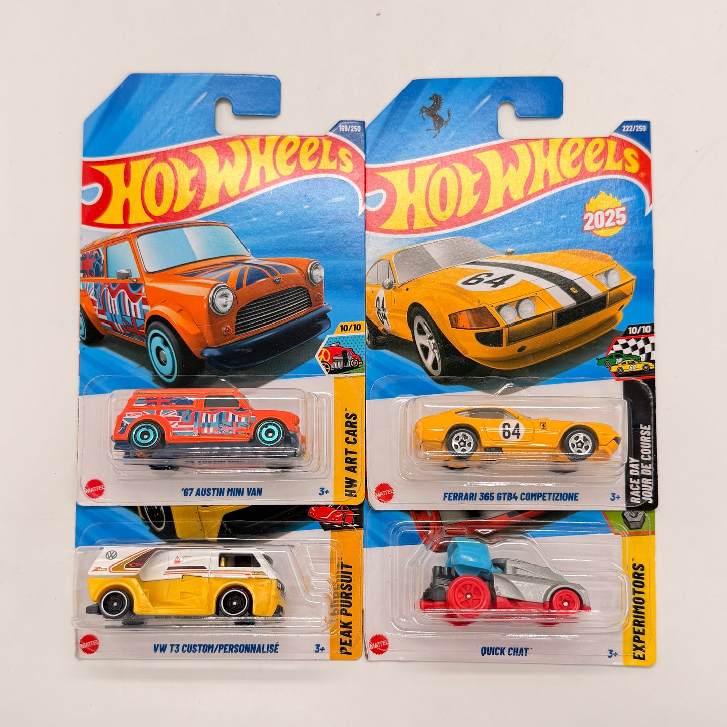 Hot Wheels 1:64 Die-Cast Set of 4 - Ferrari 365 GTB4 Competizione, VW T3 Custom, Quick Chat, 67 Austin Mini Van