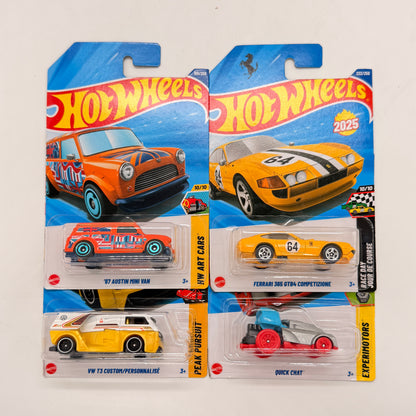 Hot Wheels 1:64 Die-Cast Set of 4 - Ferrari 365 GTB4 Competizione, VW T3 Custom, Quick Chat, 67 Austin Mini Van