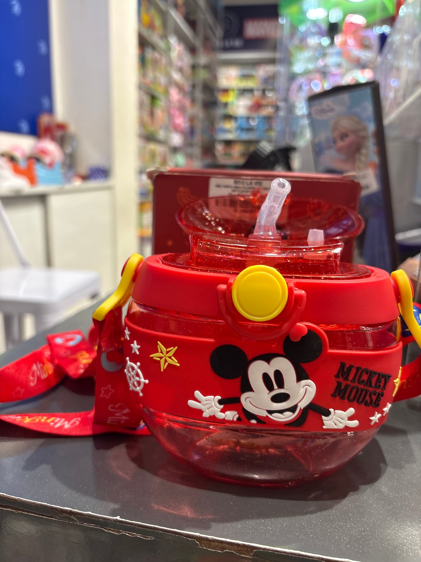Round Leakproof Kid’s Mickey Mouse Water Bottle with Ribbon Strap and Silicone Straw Lid | 420 ML | WB59