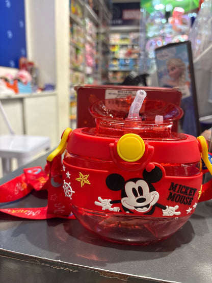 Round Leakproof Kid’s Mickey Mouse Water Bottle with Ribbon Strap and Silicone Straw Lid | 420 ML | WB59