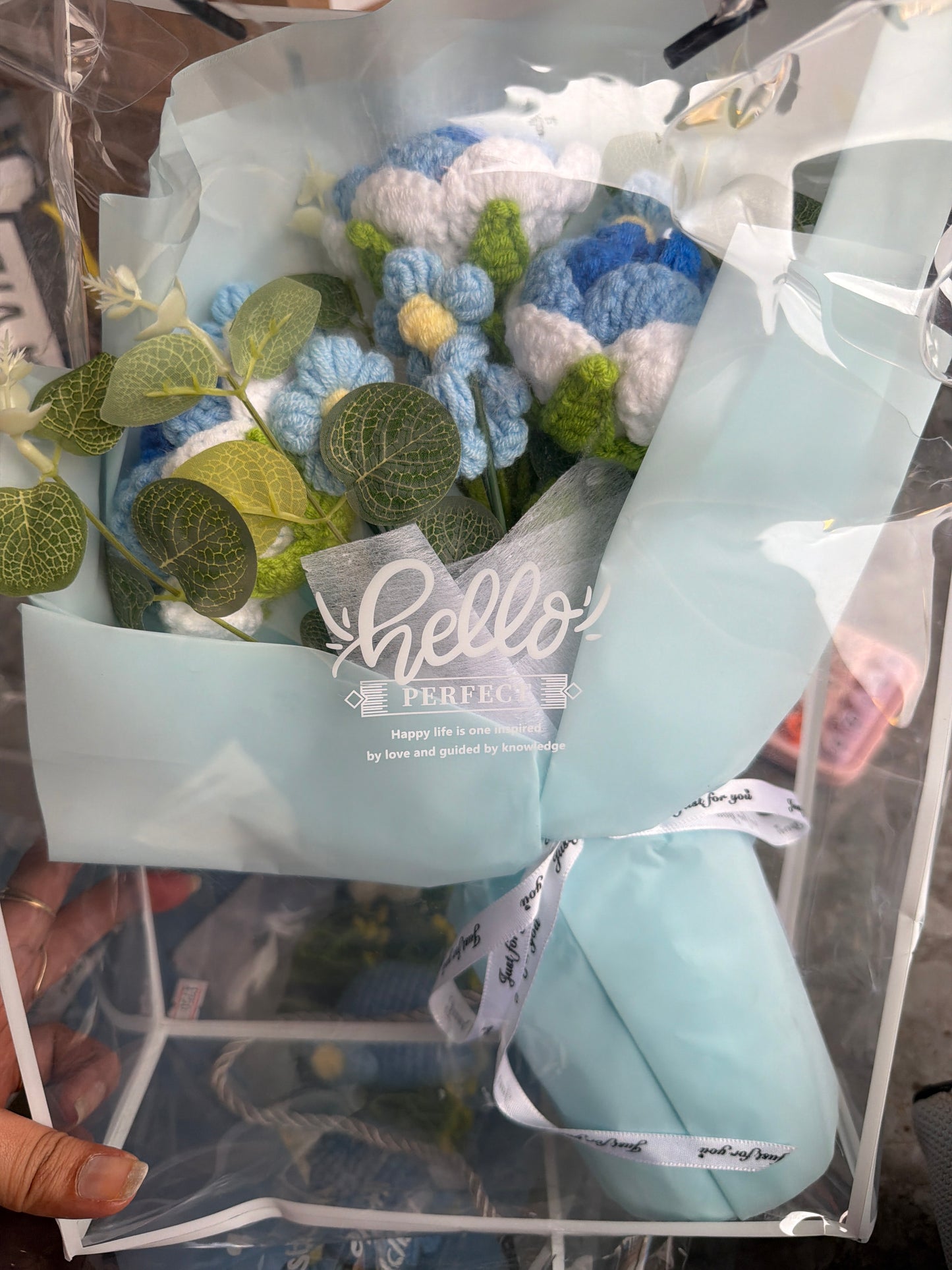 Handmade Crochet Blue Flower Bouquet with Ribbon