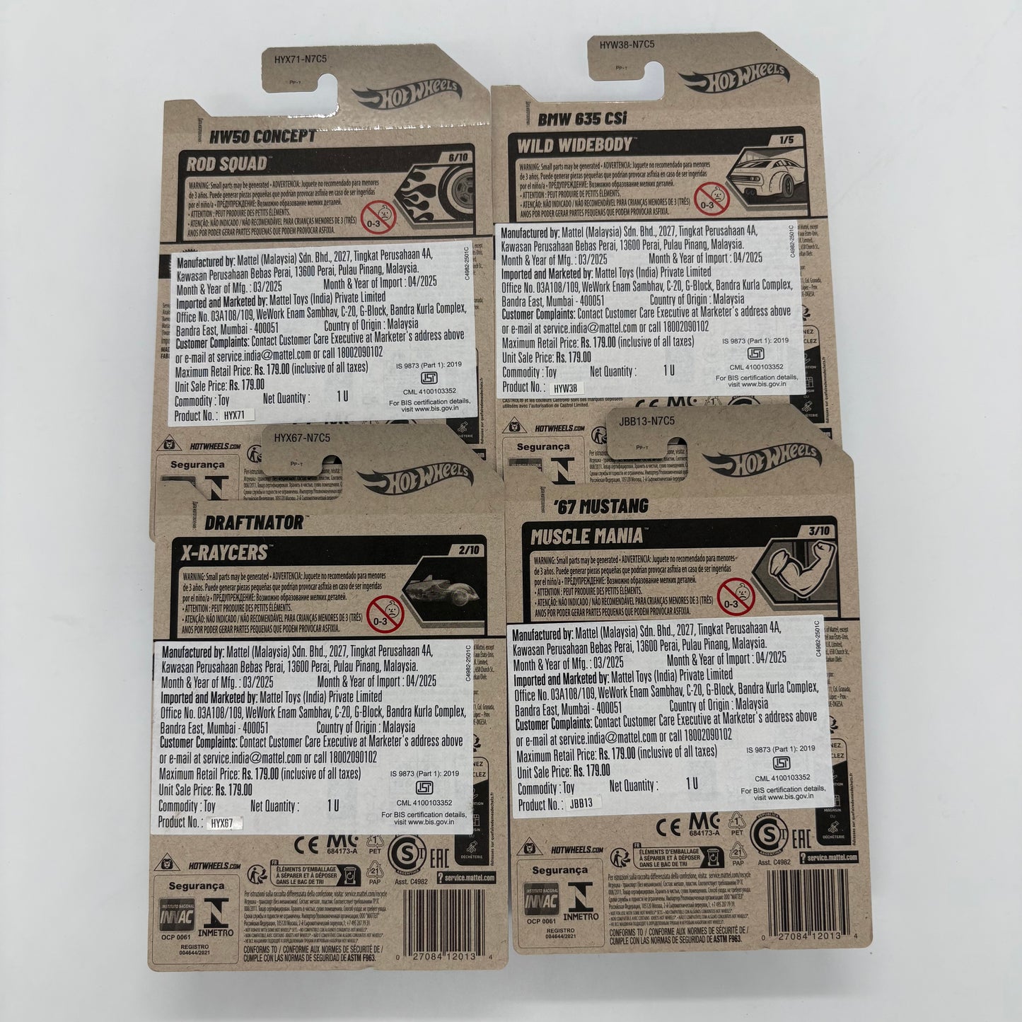 Hot Wheels Set of 4 - BMW 635 CSi, 67 Mustang, HW50 Concept, Draftnator 1:64 Die-Cast