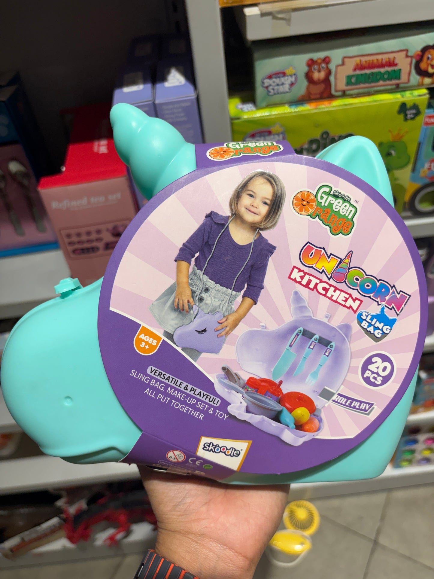 Skoodle Green Orange Unicorn Kitchen Sling Bag Role Play Set