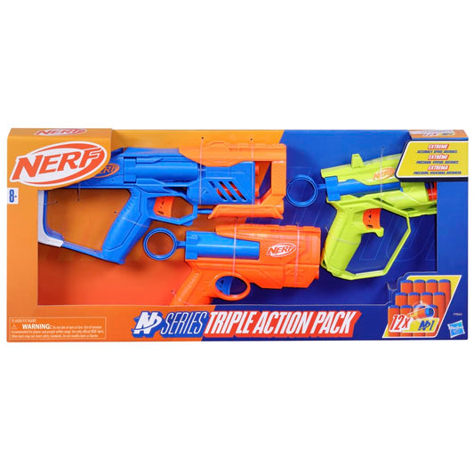 Nerf N Series Triple Action Pack, 3 Blasters, 12 Nerf N1 Darts Compatible Only with Nerf N Series Blasters, Outdoor Games for Kids, Ages 8+