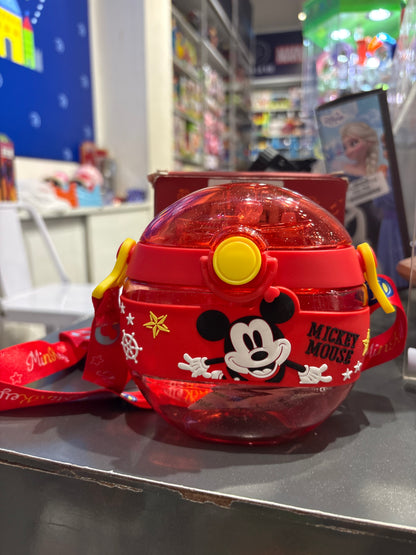 Round Leakproof Kid’s Mickey Mouse Water Bottle with Ribbon Strap and Silicone Straw Lid | 420 ML | WB59