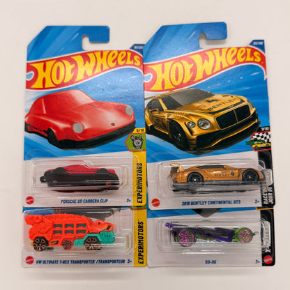 Hot Wheels 1:64 Die-Cast Set of 4 - Bentley Continental GT3, Porsche 911 Carrera Clip, T-Rex Transporter, RD-06