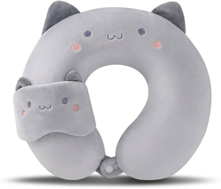 Cat-Themed Travel Neck Pillow with Eye Mask – 2-in-1 Plush U-Shaped Pillow for Kids