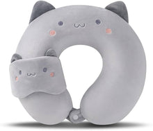 Cat-Themed Travel Neck Pillow with Eye Mask – 2-in-1 Plush U-Shaped Pillow for Kids
