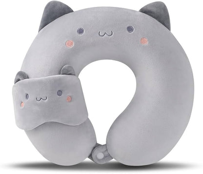 Cat-Themed Travel Neck Pillow with Eye Mask – 2-in-1 Plush U-Shaped Pillow for Kids