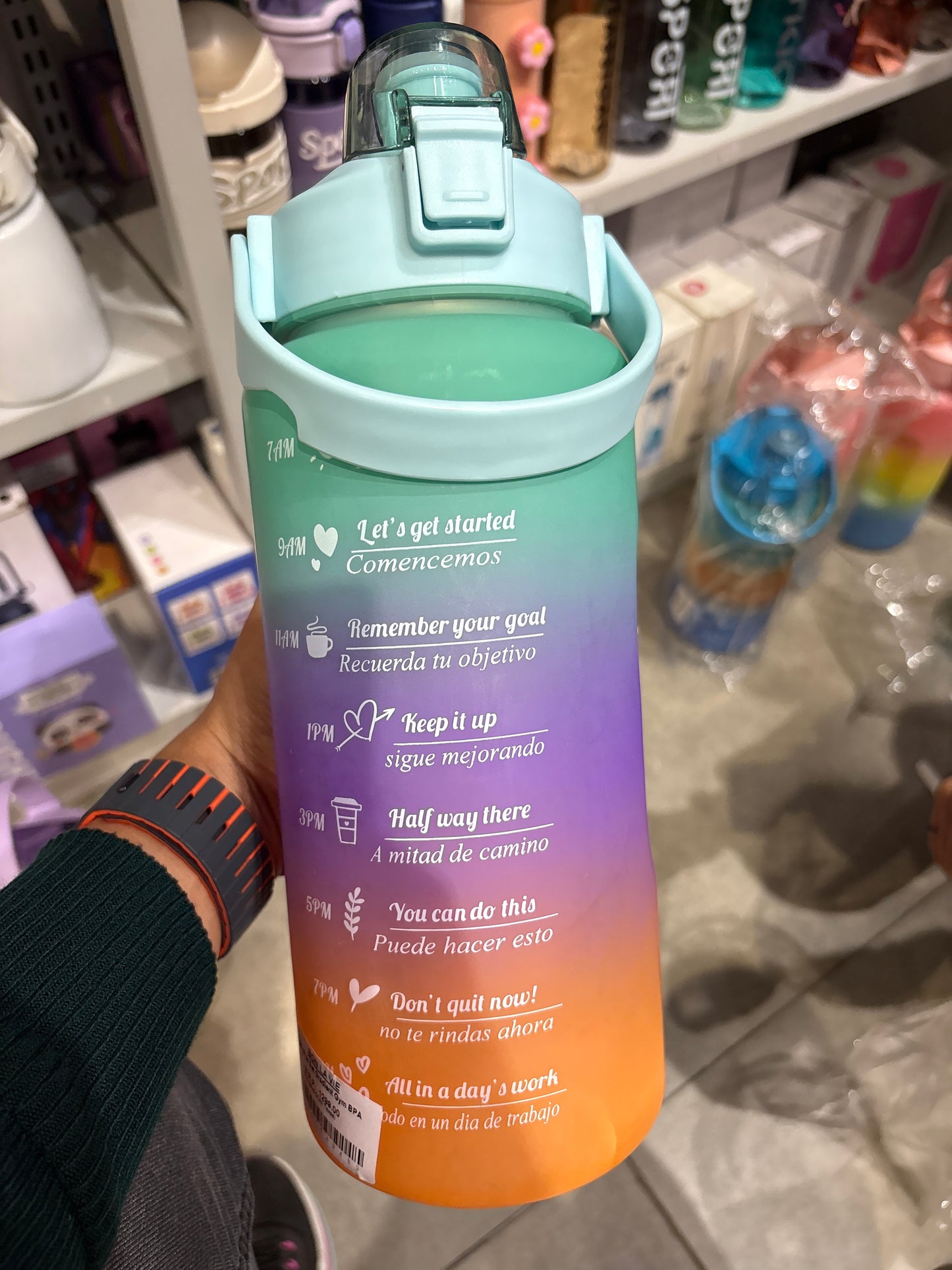 4 in 1 Water Bottle with Motivational Time Marker, Leakproof Durable BPA Free Non-Toxic Water bottle for office, gym, school (Multi color) with free peel & stick toy