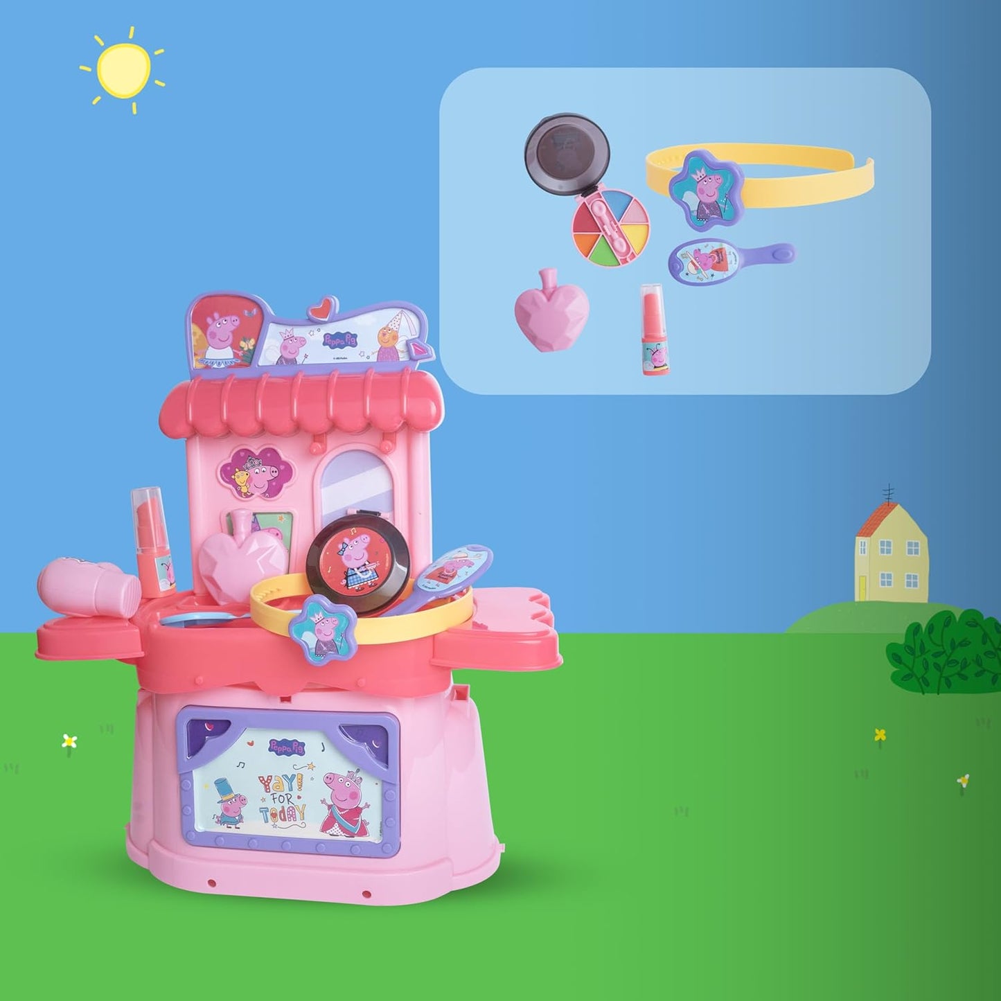 GENIE'S TOY BUS Peppa Pig Beauty Playset – Pretend Makeup & Hair Styling Toy with Mirror, Comb, Hair Clip, Dryer & Styling Tools Like Perfume & Lipstick I Official Licensed Peppa Pig Gift for Girls