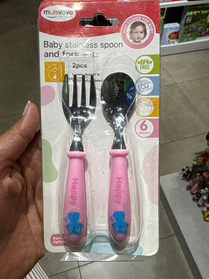 Mumlove Baby Stainless Steel Spoon & Fork Set – BPA Free 2 Pc Cutlery for Kids 6M+
