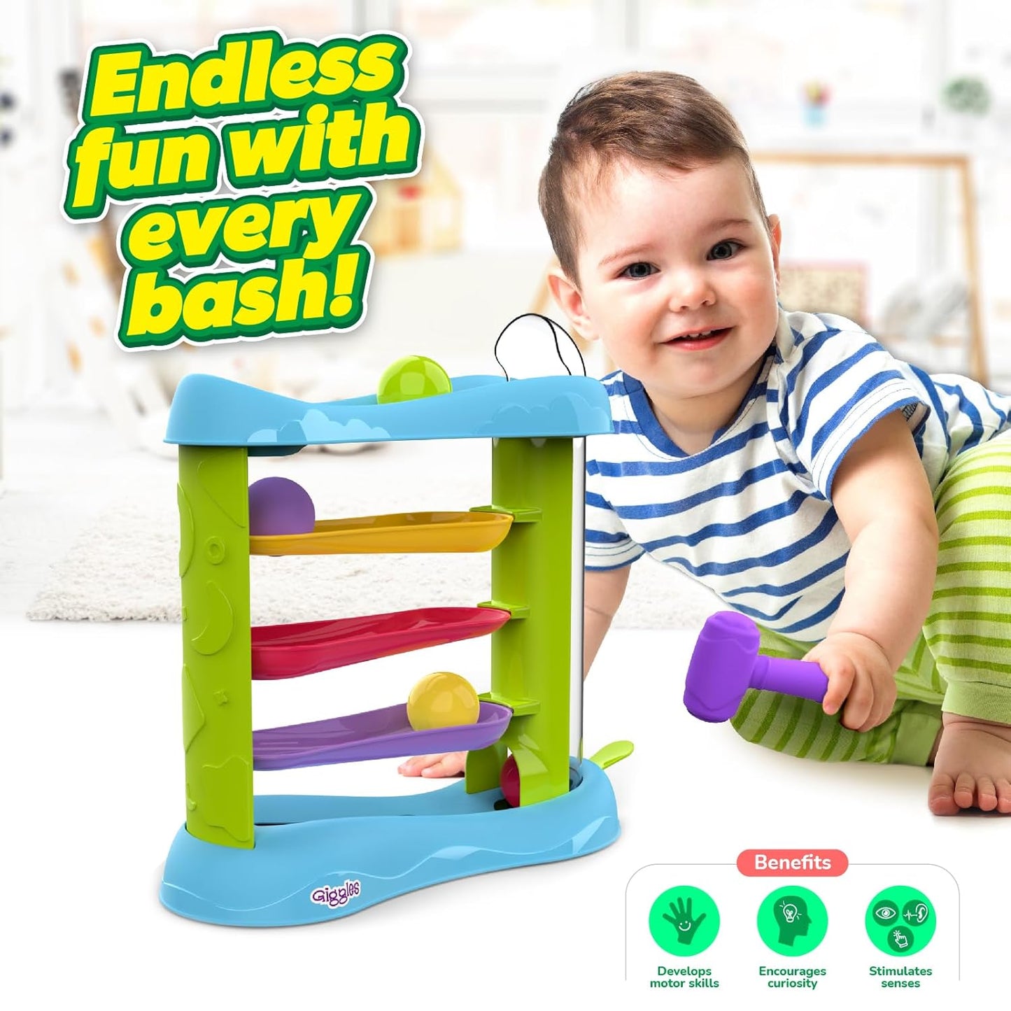 Giggles Funskool Bash & Pop Slide Tower Hammer Toy with 4 Colourful Balls for Toddlers