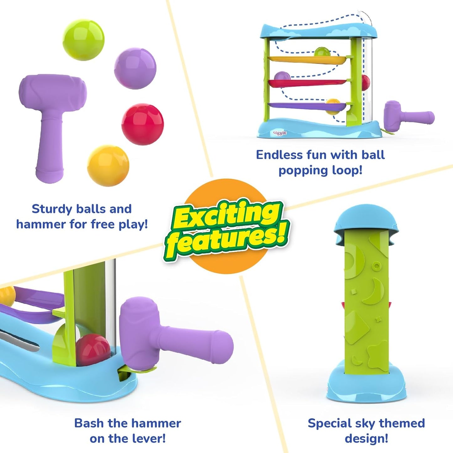 Giggles Funskool Bash & Pop Slide Tower Hammer Toy with 4 Colourful Balls for Toddlers