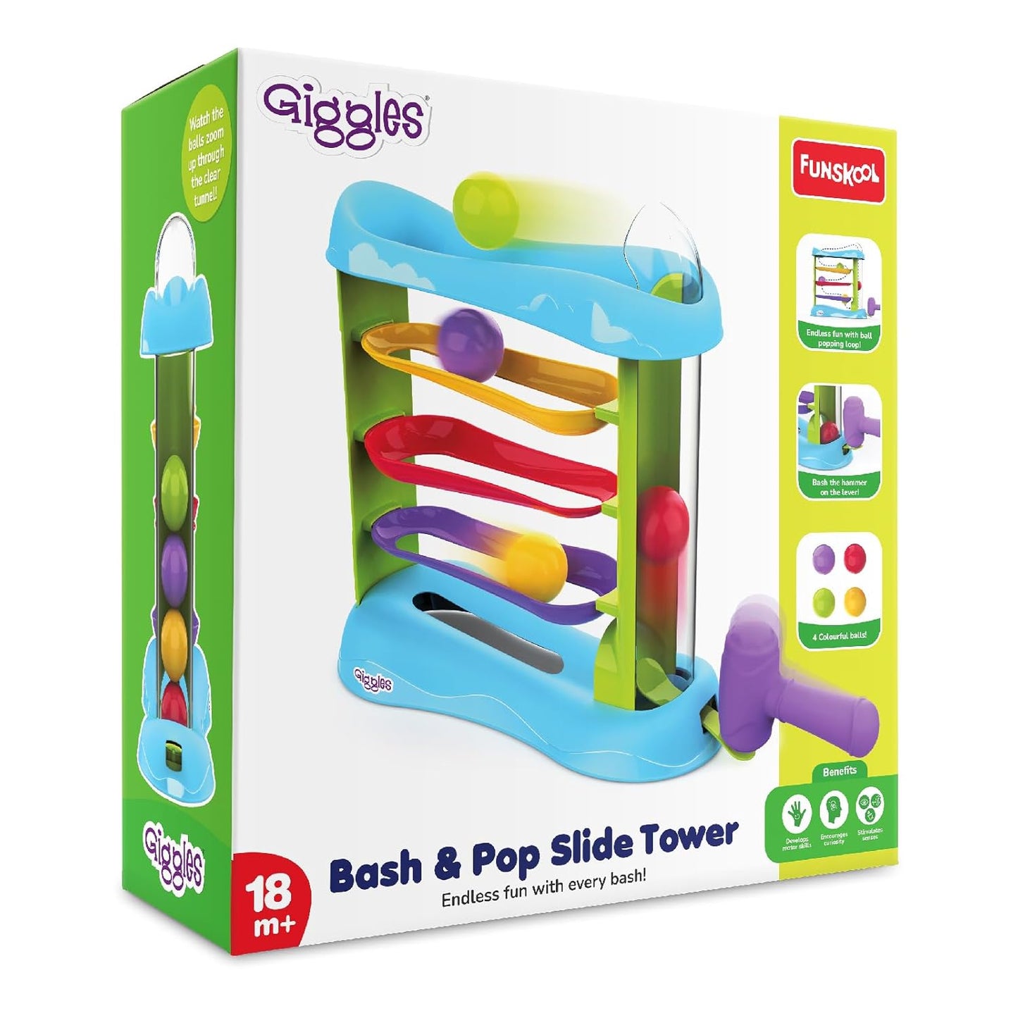 Giggles Funskool Bash & Pop Slide Tower Hammer Toy with 4 Colourful Balls for Toddlers