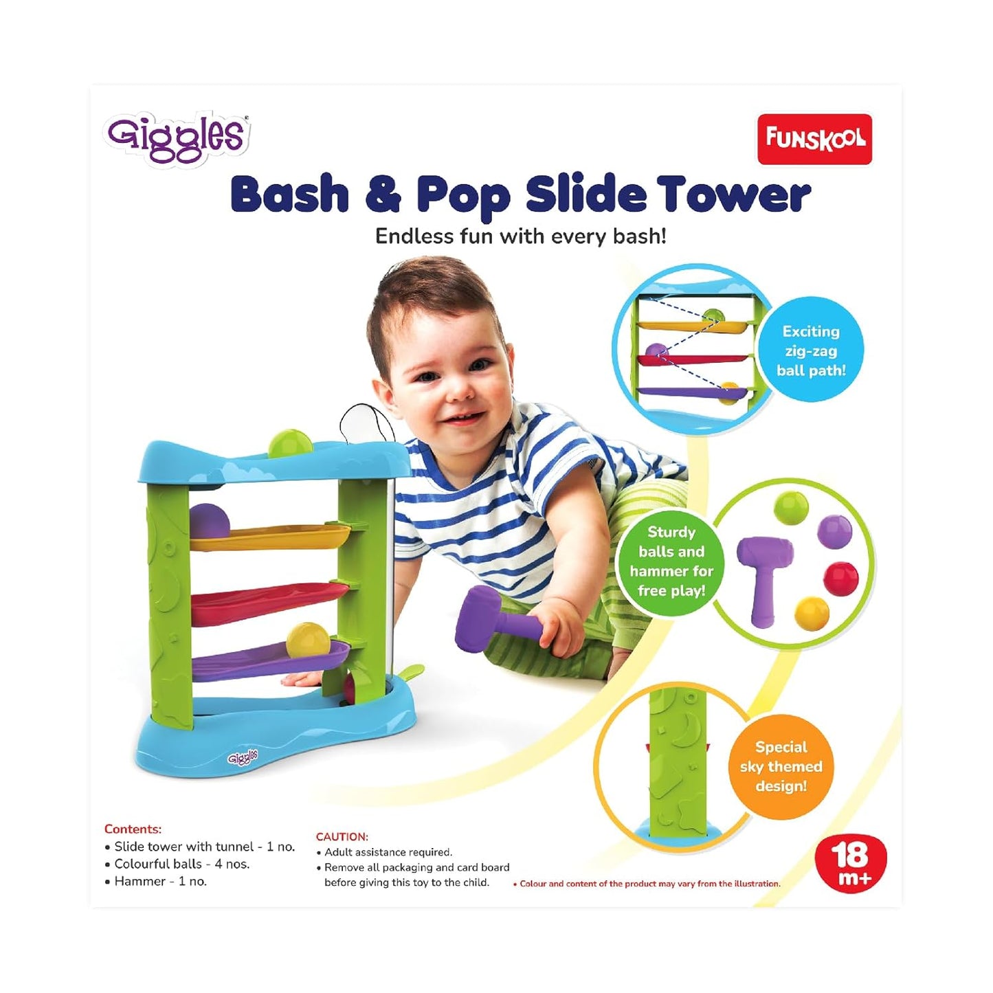 Giggles Funskool Bash & Pop Slide Tower Hammer Toy with 4 Colourful Balls for Toddlers