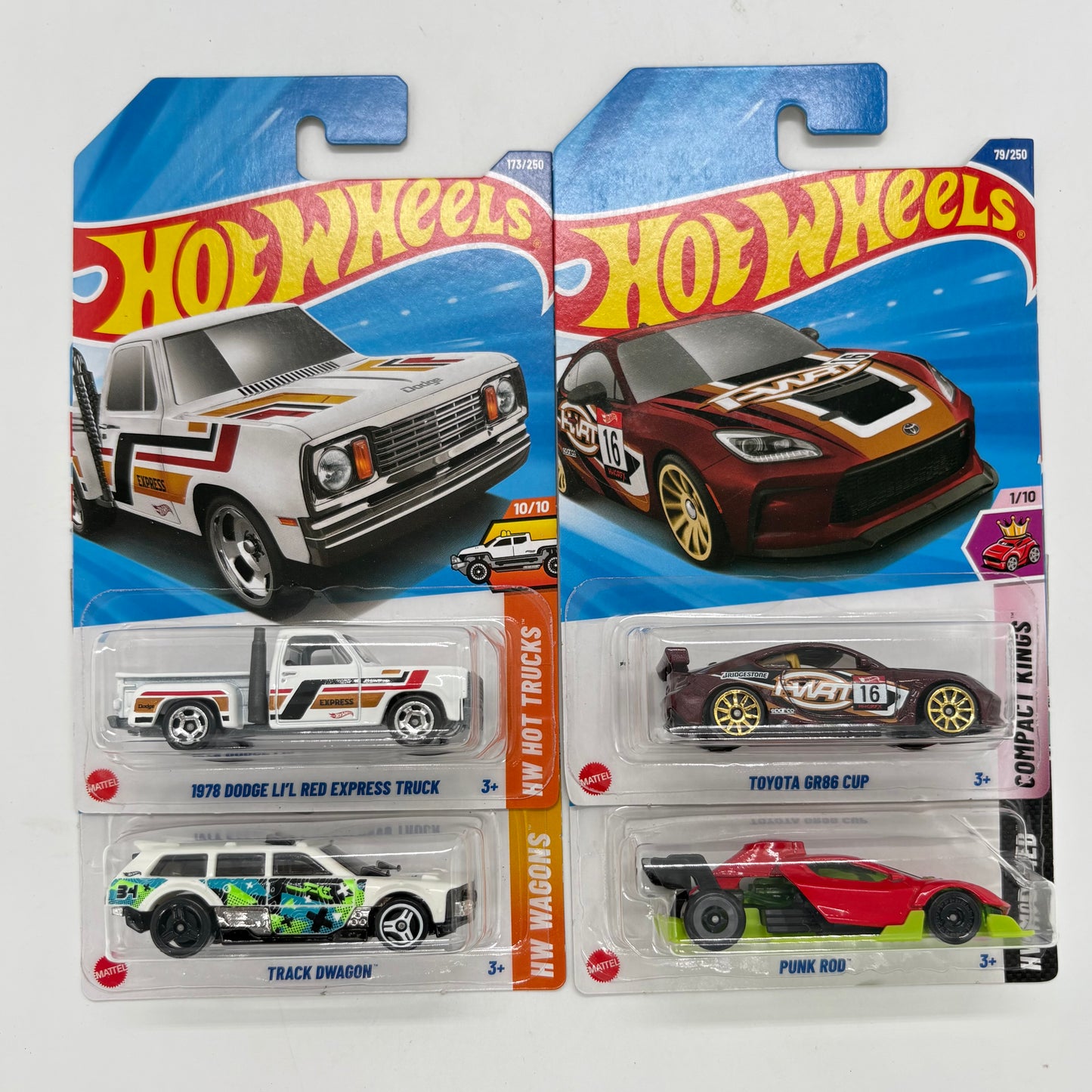 Hot Wheels Set of 4 - Toyota GR86 Cup, 1978 Dodge Lil Red Express Truck, Punk Rod, Track Dwagon 1:64 Die-Cast