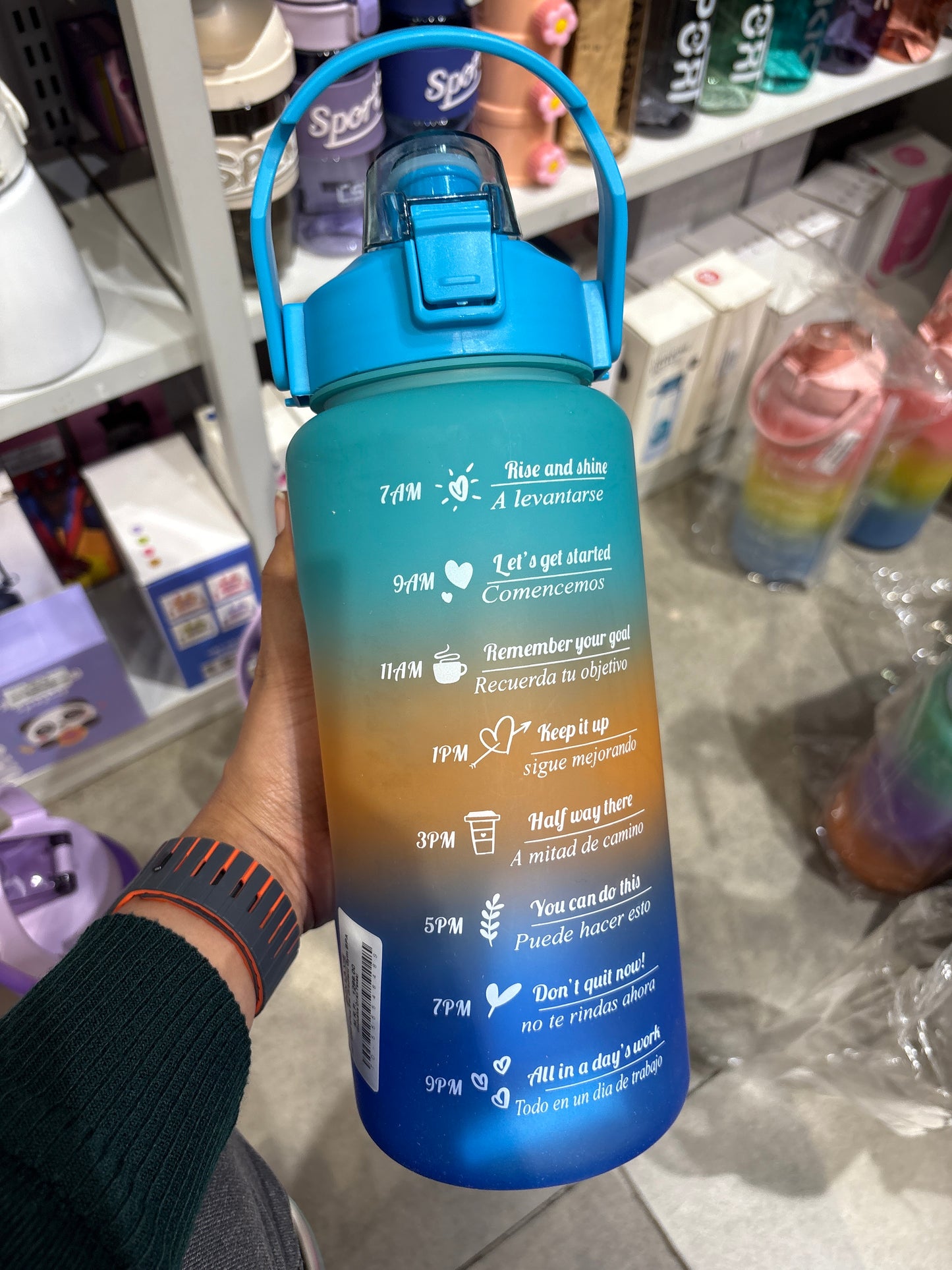 4 in 1 Water Bottle with Motivational Time Marker, Leakproof Durable BPA Free Non-Toxic Water bottle for office, gym, school (Multi color) with free peel & stick toy