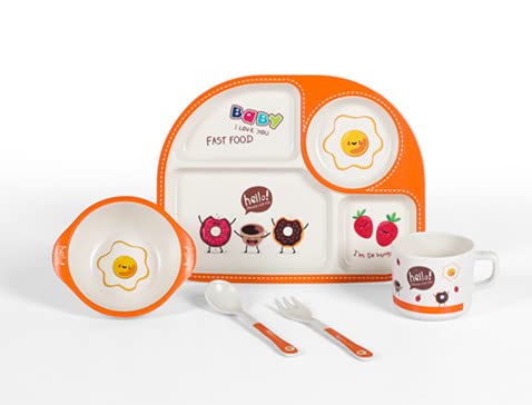 Bamboo Fibre Kids Feeding Set Cute Fast Food Theme Eco Friendly Crockery Dining Set for Babies, New Born Baby Utensils and Dishes Kids by Anaaya Creations (Set of 5 Pcs)