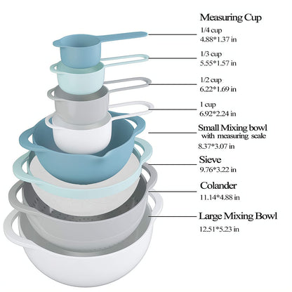 8 Piece Nesting Mixing Bowl Set with Measuring Cups, Colander and Sieve, Blue Tone