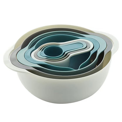 8 Piece Nesting Mixing Bowl Set with Measuring Cups, Colander and Sieve, Blue Tone