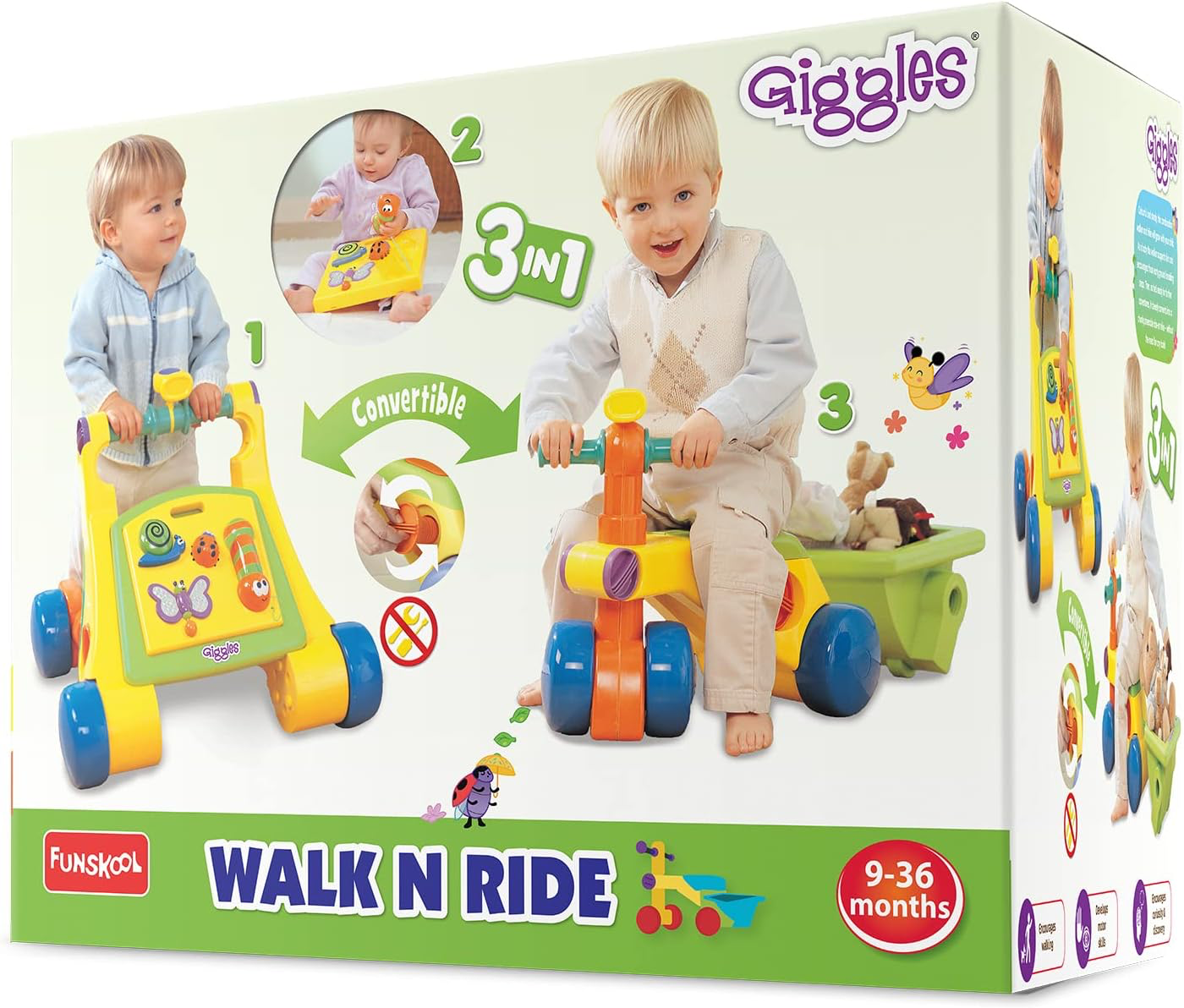 Funskool Giggles Walk N Ride 3-in-1 Convertible Baby Walker and Ride-On