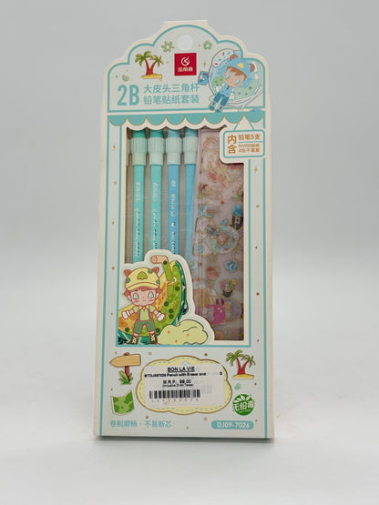 2B Triangle Grip Pencil Set with Eraser and Sticker Sheet