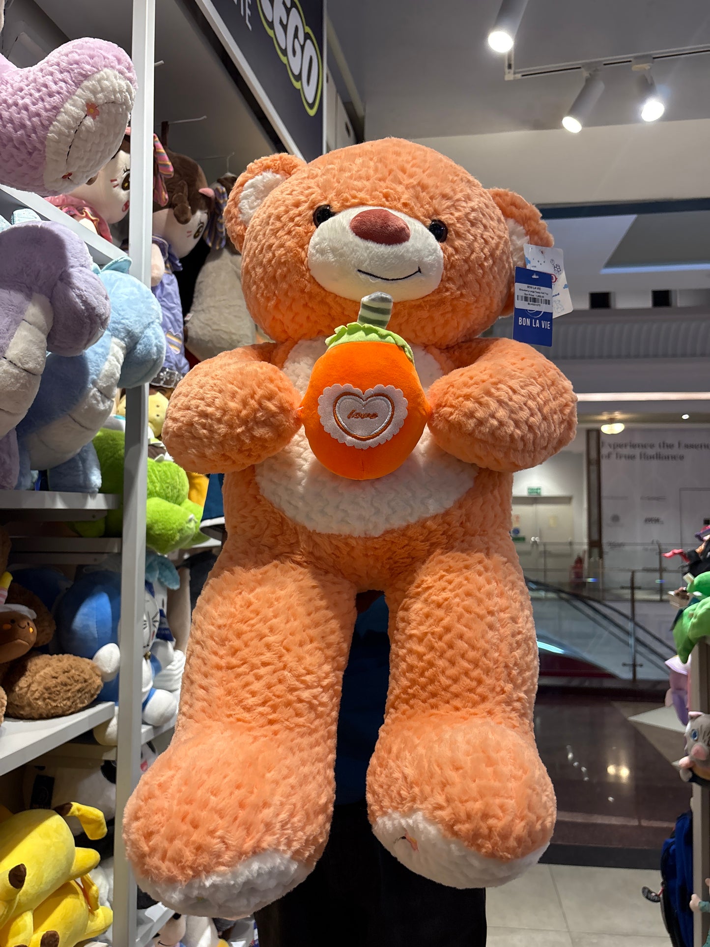 Large Soft Teddy Bear with Strawberry Heart Detail - 100cm
