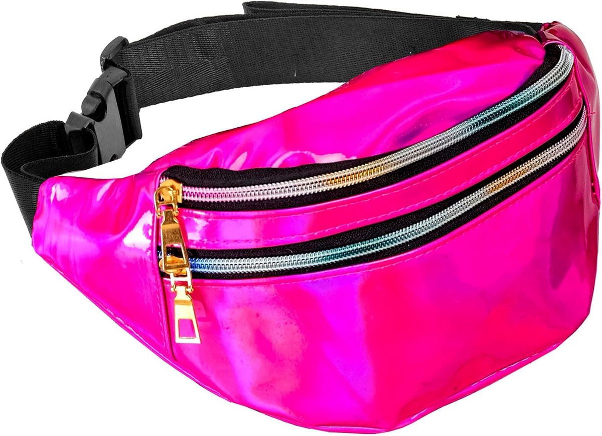 Shiny Holographic Waist Bag with 2 Zipper Pockets and Adjustable Strap