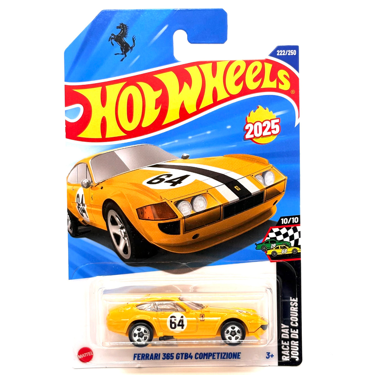 Hot Wheels 2025 Ferrari 365 GTB4 Competizione die-cast toy car in its original blister packaging, featuring a bright yellow car with a black and white racing stripe.