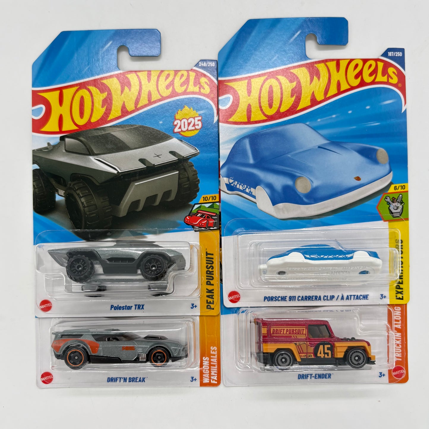 Hot Wheels 1:64 Die-Cast Set of 4 - Polestar TRX, Porsche 911 Carrera Clip, Drift-Ender, Drift N Break