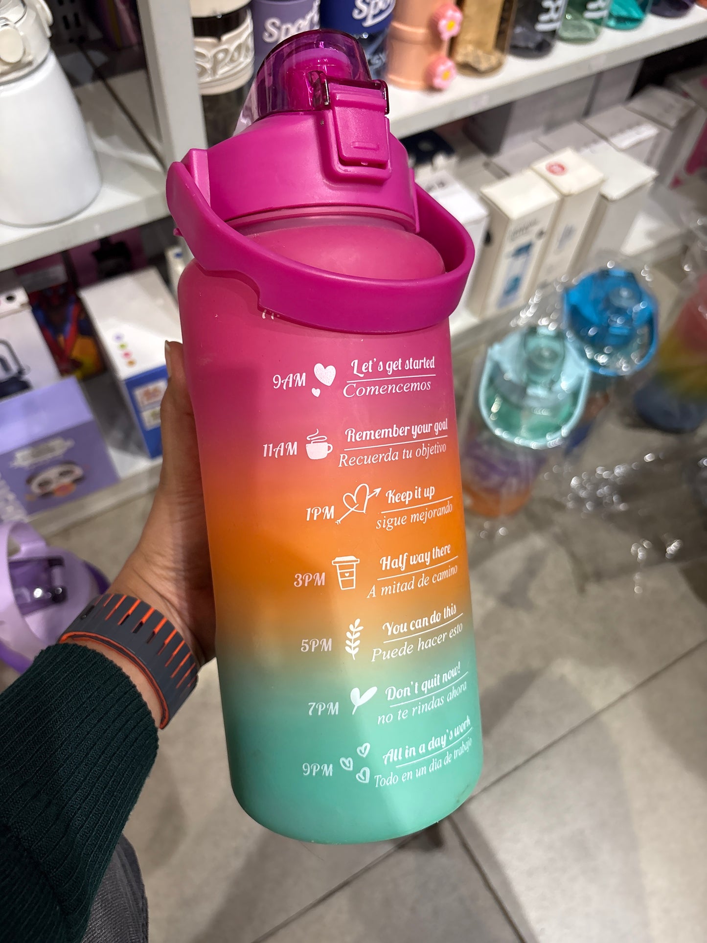 4 in 1 Water Bottle with Motivational Time Marker, Leakproof Durable BPA Free Non-Toxic Water bottle for office, gym, school (Multi color) with free peel & stick toy