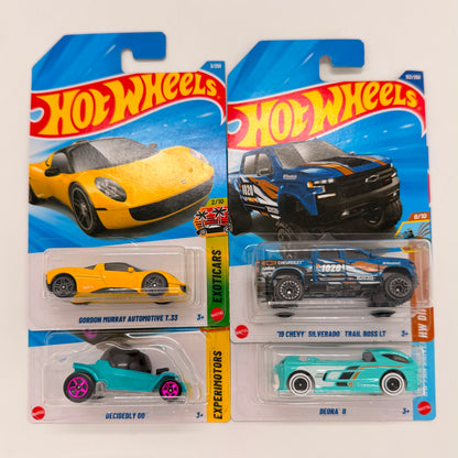 Hot Wheels 1:64 Die-Cast Set of 4 - Gordon Murray T.33, Chevy Silverado Trail Boss LT, Deora II, Decidedly Go