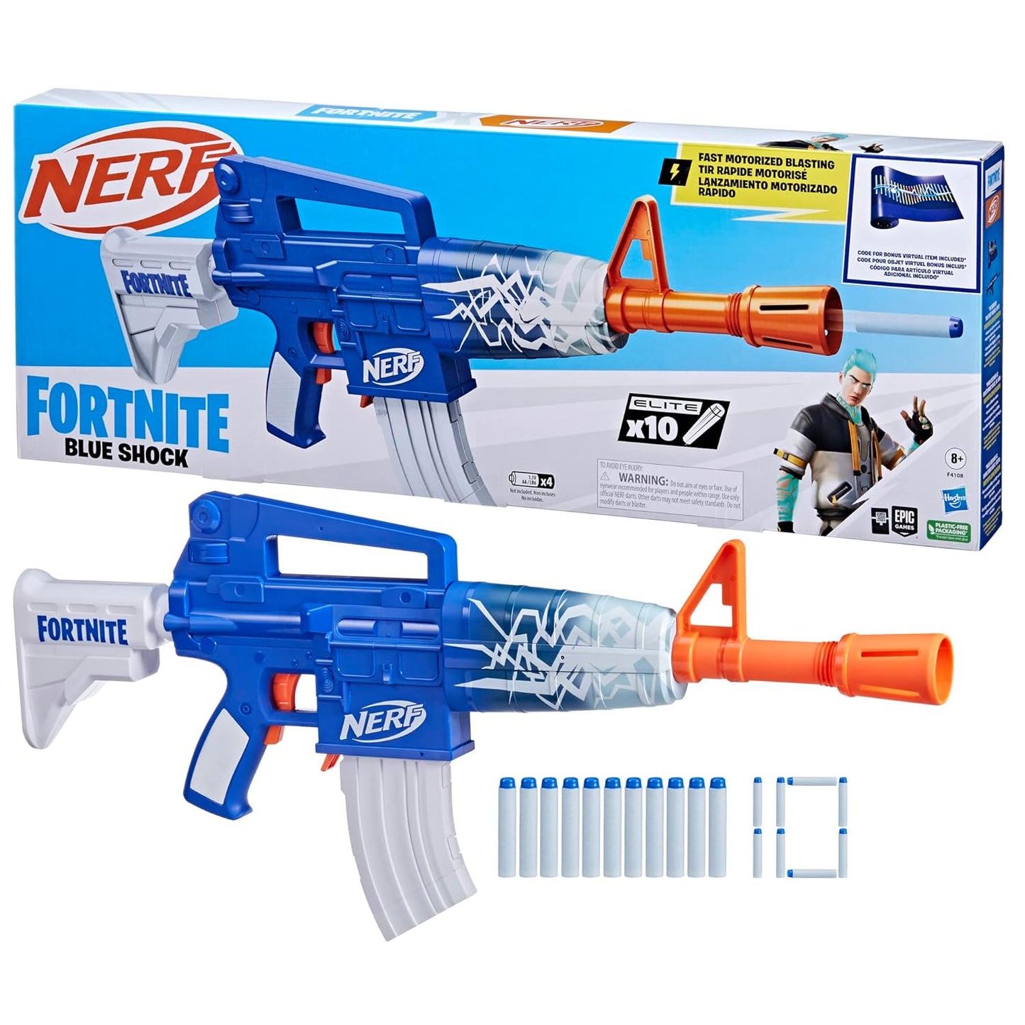 Nerf Fortnite Blue Shock Blaster, 10-Dart Clip, 10 Elite Nerf Darts, Includes Bonus Code to Unlock The Beat Wrap in The Game, Motorized Dart Blaster