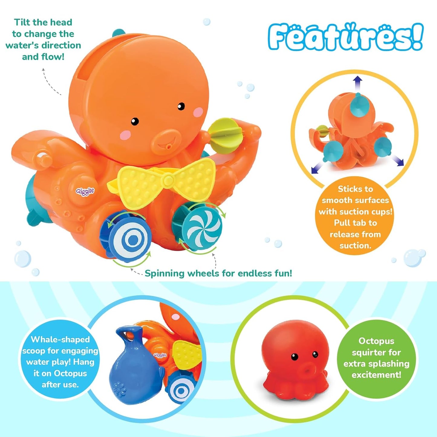 Giggles Funskool Pour & Play Octopus Bath Toy For Kids, Toy For 2 Year Kid, Perfect For Bath Time Play, Water Play, Infant And Preschool