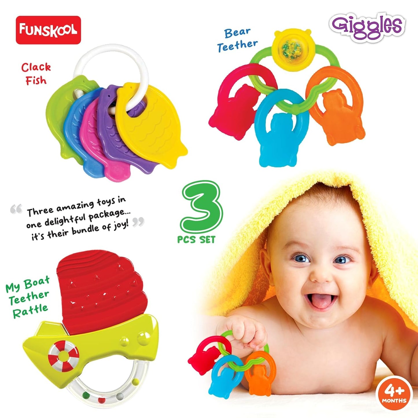 Funskool Giggles Baby's Best Friends - 3 Pcs Teether & Rattle Set