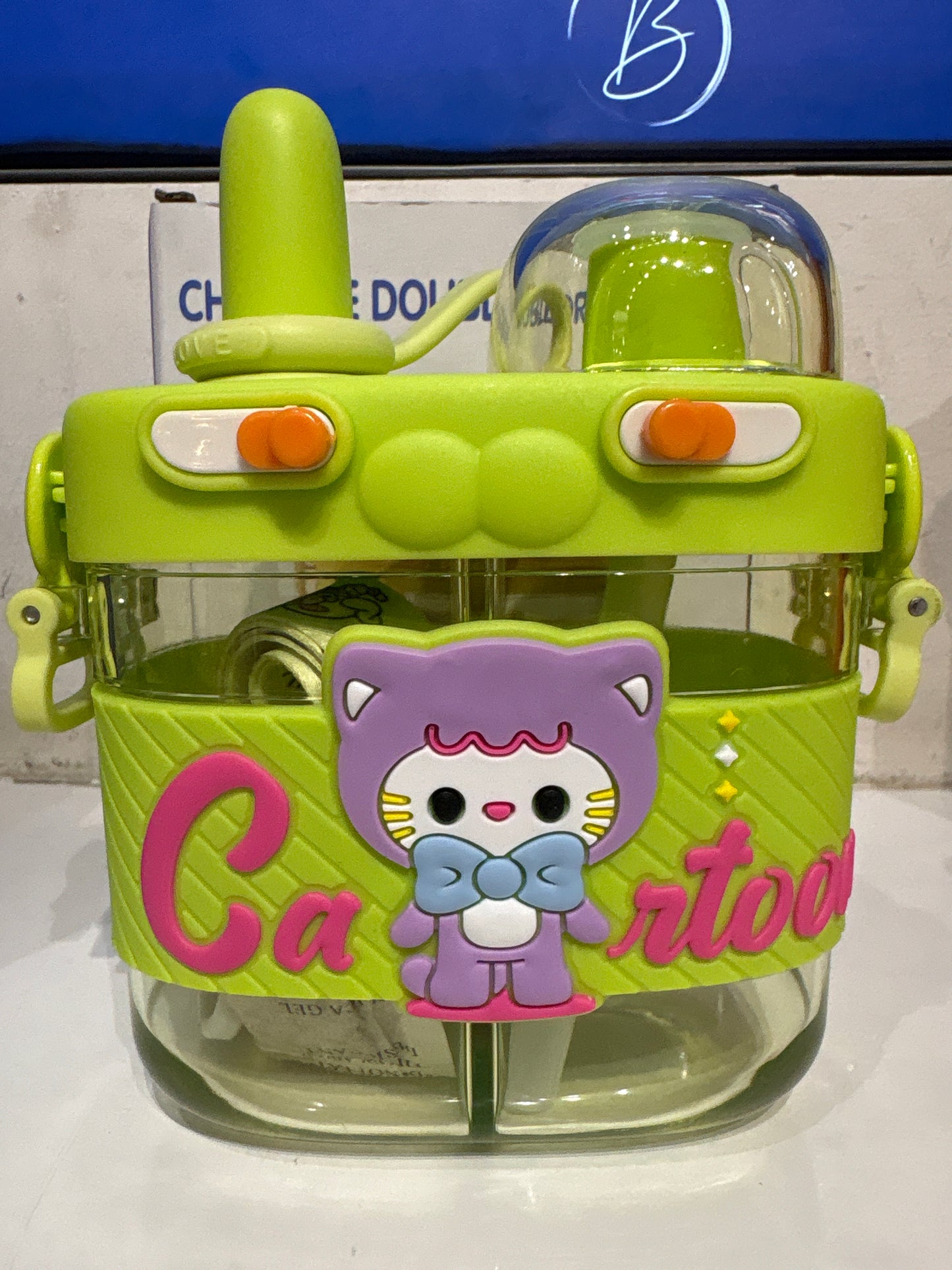 Cartoon 2-in-1 Kids Water Bottle 600ml — Double Straw with Shoulder Strap