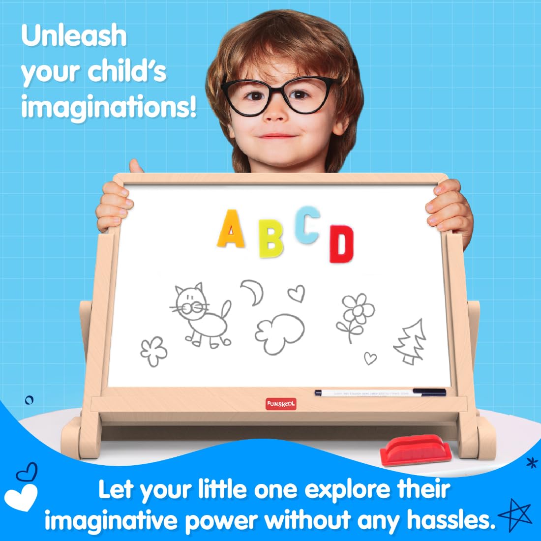 Giggles Funskool Draw N Write Desktop Slate, 4in1 Double Sided Chalk Board for Kids, Alphabet & Numbers, Encourages Learning & Development, Preschool Activity Set, Gift Set for Kid, Ages 3+ Years