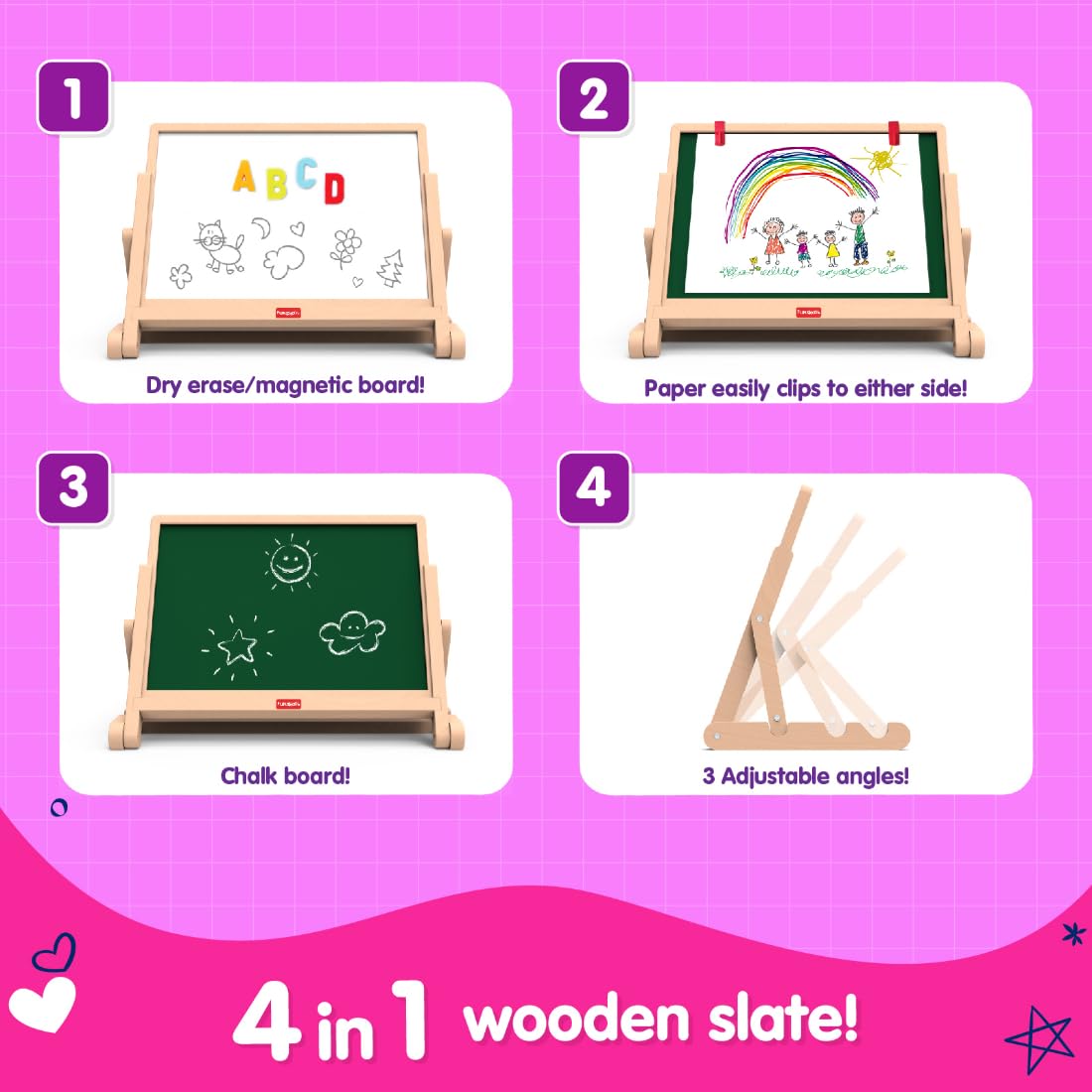 Giggles Funskool Draw N Write Desktop Slate, 4in1 Double Sided Chalk Board for Kids, Alphabet & Numbers, Encourages Learning & Development, Preschool Activity Set, Gift Set for Kid, Ages 3+ Years