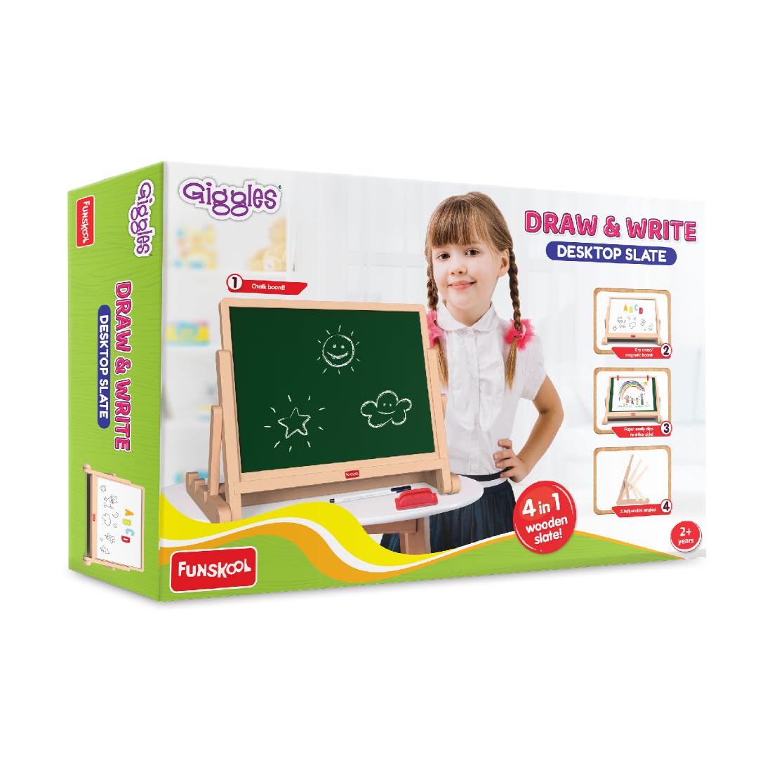 Giggles Funskool Draw N Write Desktop Slate, 4in1 Double Sided Chalk Board for Kids, Alphabet & Numbers, Encourages Learning & Development, Preschool Activity Set, Gift Set for Kid, Ages 3+ Years