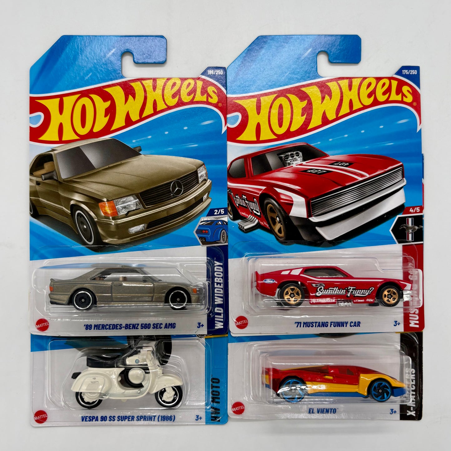 Hot Wheels Set of 4 - Mercedes-Benz 560 SEC AMG, 71 Mustang Funny Car, El Viento, Vespa 90 SS Super Sprint 1:64 Die-Cast