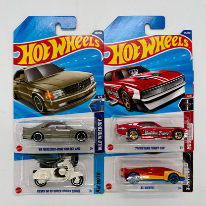 Hot Wheels Set of 4 - Mercedes-Benz 560 SEC AMG, 71 Mustang Funny Car, El Viento, Vespa 90 SS Super Sprint 1:64 Die-Cast