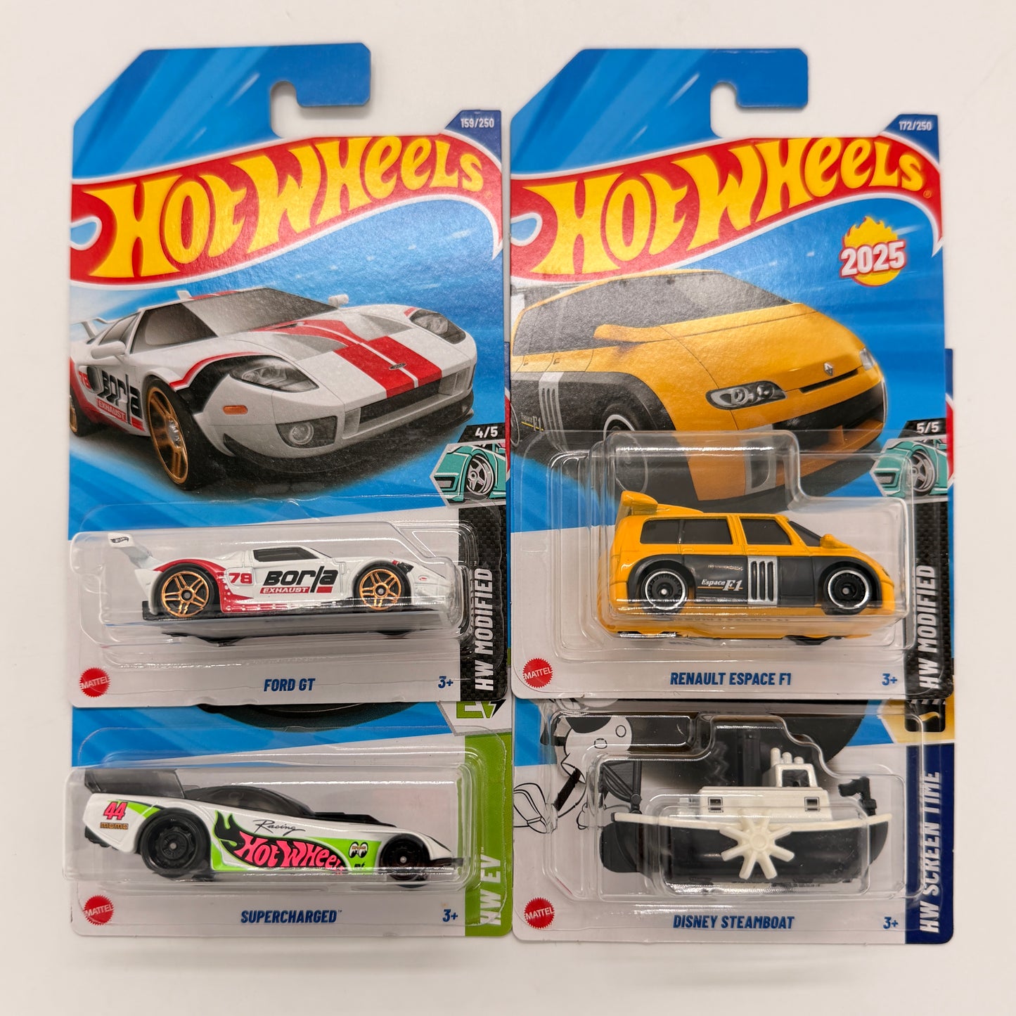 Hot Wheels 1:64 Die-Cast Set of 4 - Ford GT, Renault Espace F1, Supercharged, Disney Steamboat