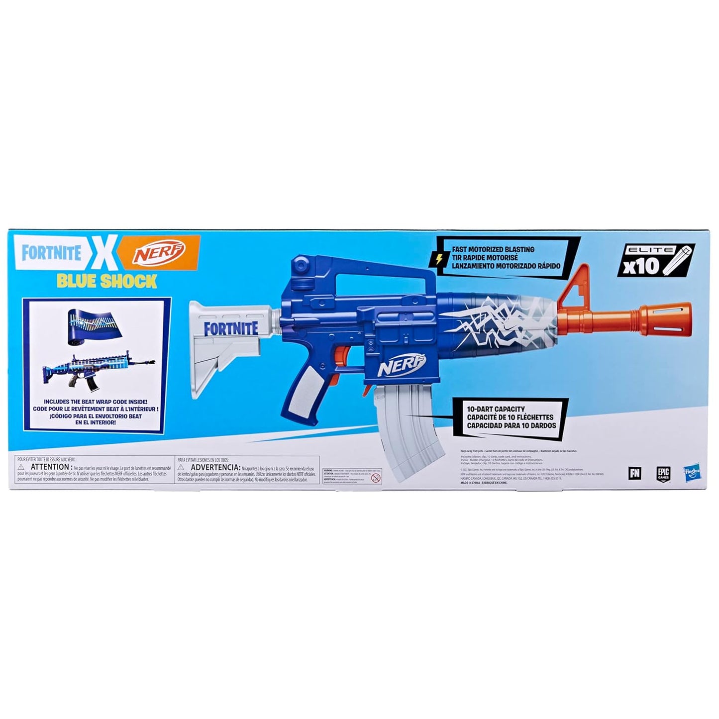 Nerf Fortnite Blue Shock Blaster, 10-Dart Clip, 10 Elite Nerf Darts, Includes Bonus Code to Unlock The Beat Wrap in The Game, Motorized Dart Blaster