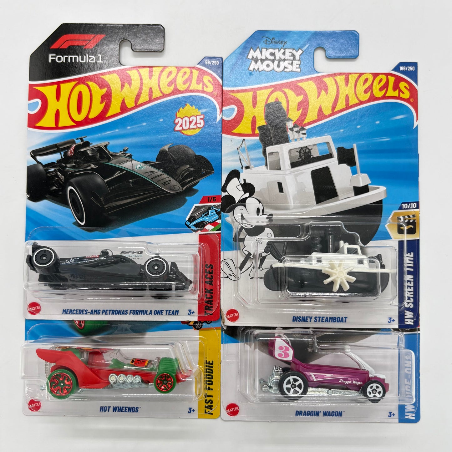 Hot Wheels Set of 4 - Mercedes-AMG Petronas Formula One Team, Draggin Wagon, Hot Wheengs, Disney Steamboat 1:64 Die-Cast
