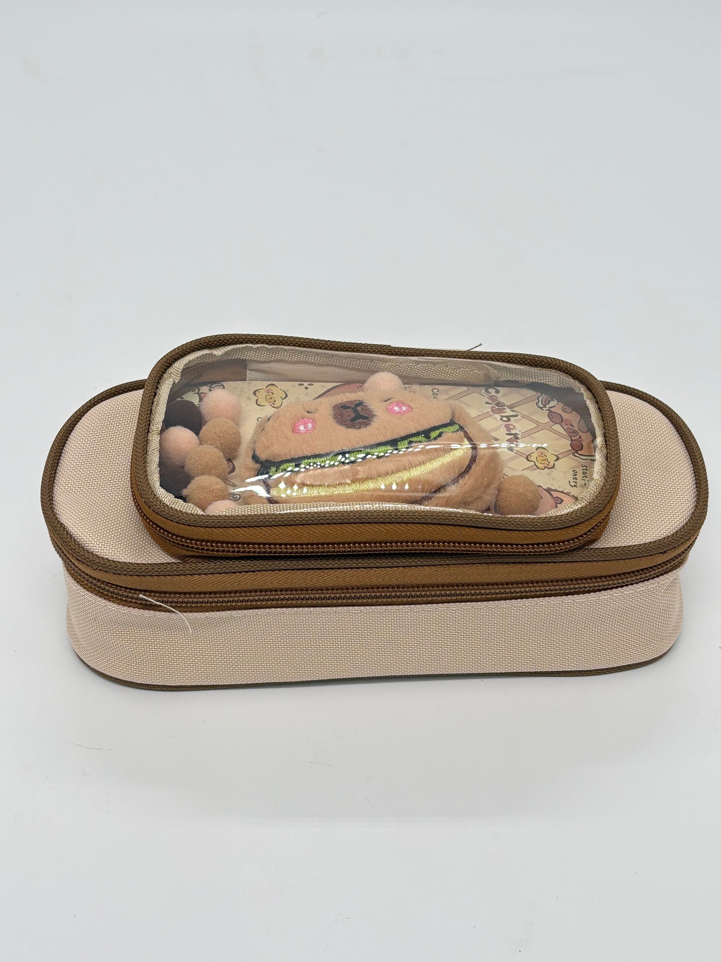 Brown Bear Double Zip Pencil Pouch with Clear Window Top