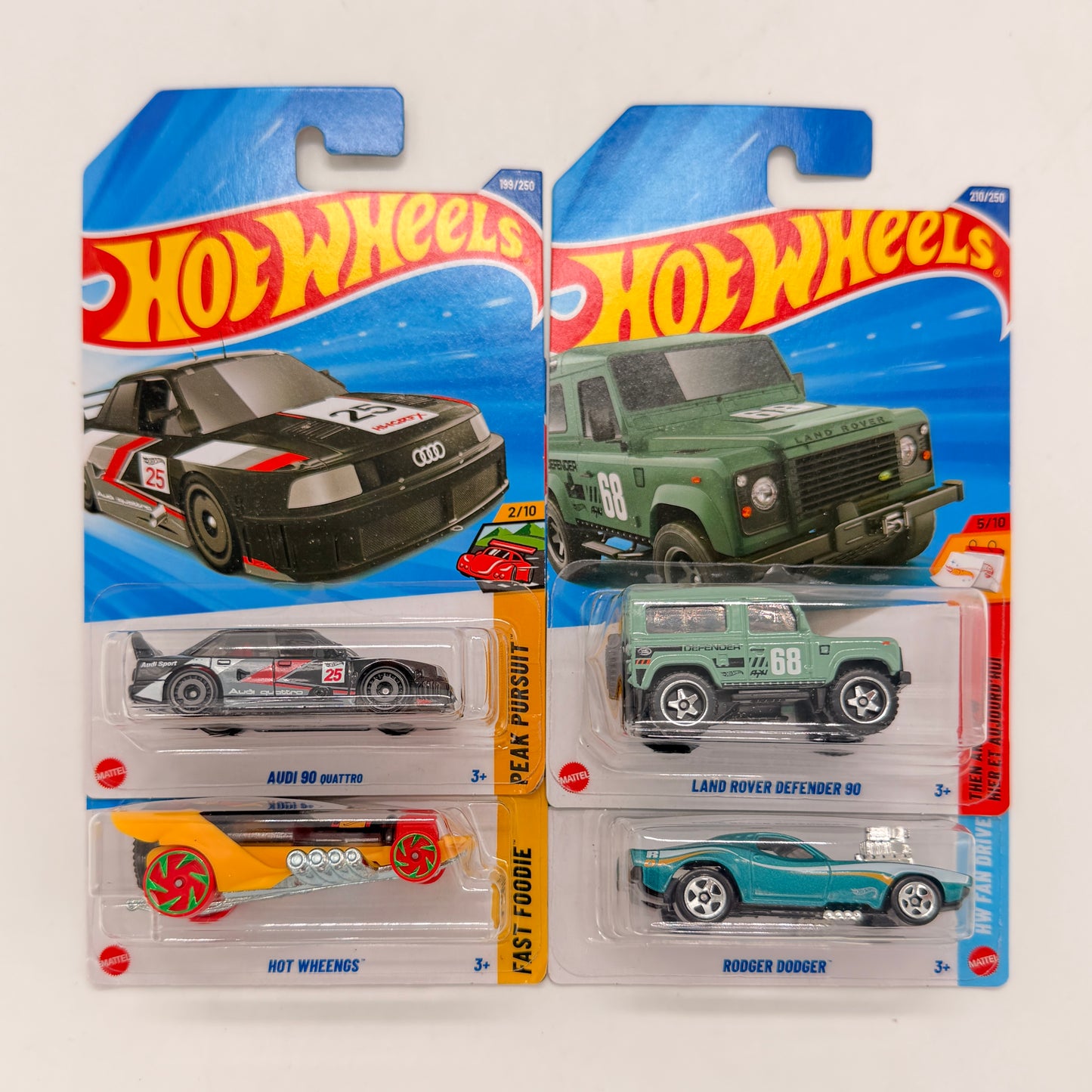 Hot Wheels 1:64 Die-Cast Set of 4 - Audi 90 Quattro, Land Rover Defender 90, Rodger Dodger, Hot Wheengs