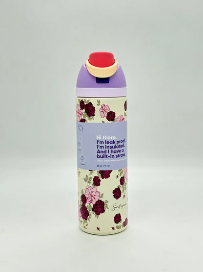 Floral Design Insulated Water Bottle – Dual-Sip Stainless Steel Bottle with Locking Lid 710 ml
