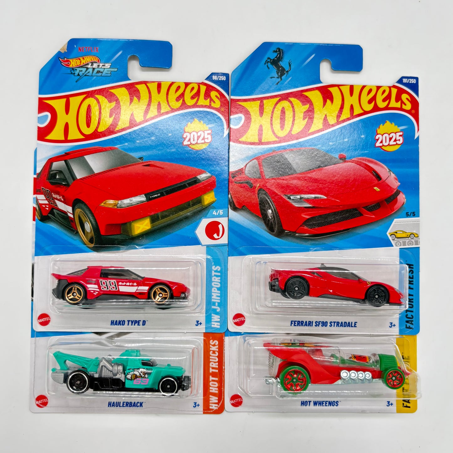 Hot Wheels 1:64 Die-Cast Set of 4 - Ferrari SF90 Stradale, Hako Type D, Haulerback, Hot Wheengs